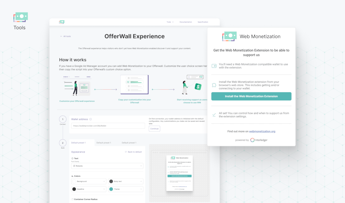 Screenshots showing the Web Monetization option integrated within Google Offerwall